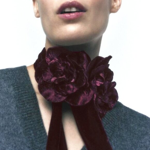 Zara Purple Velvet Floral Scarf - Picture 1 of 8